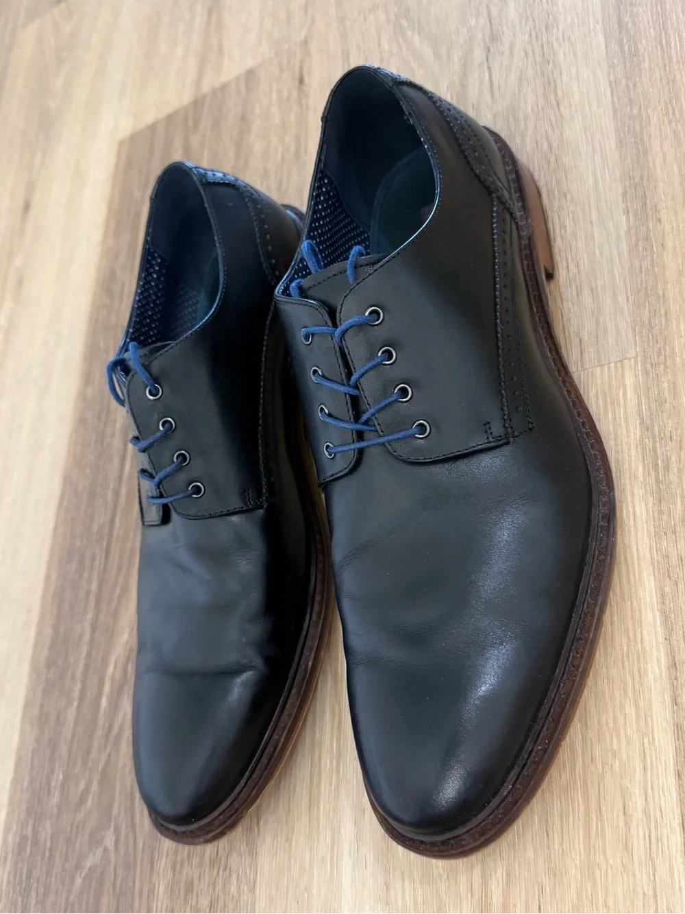 Aston Grey Black Leather Derby Shoes with Blue Accents
